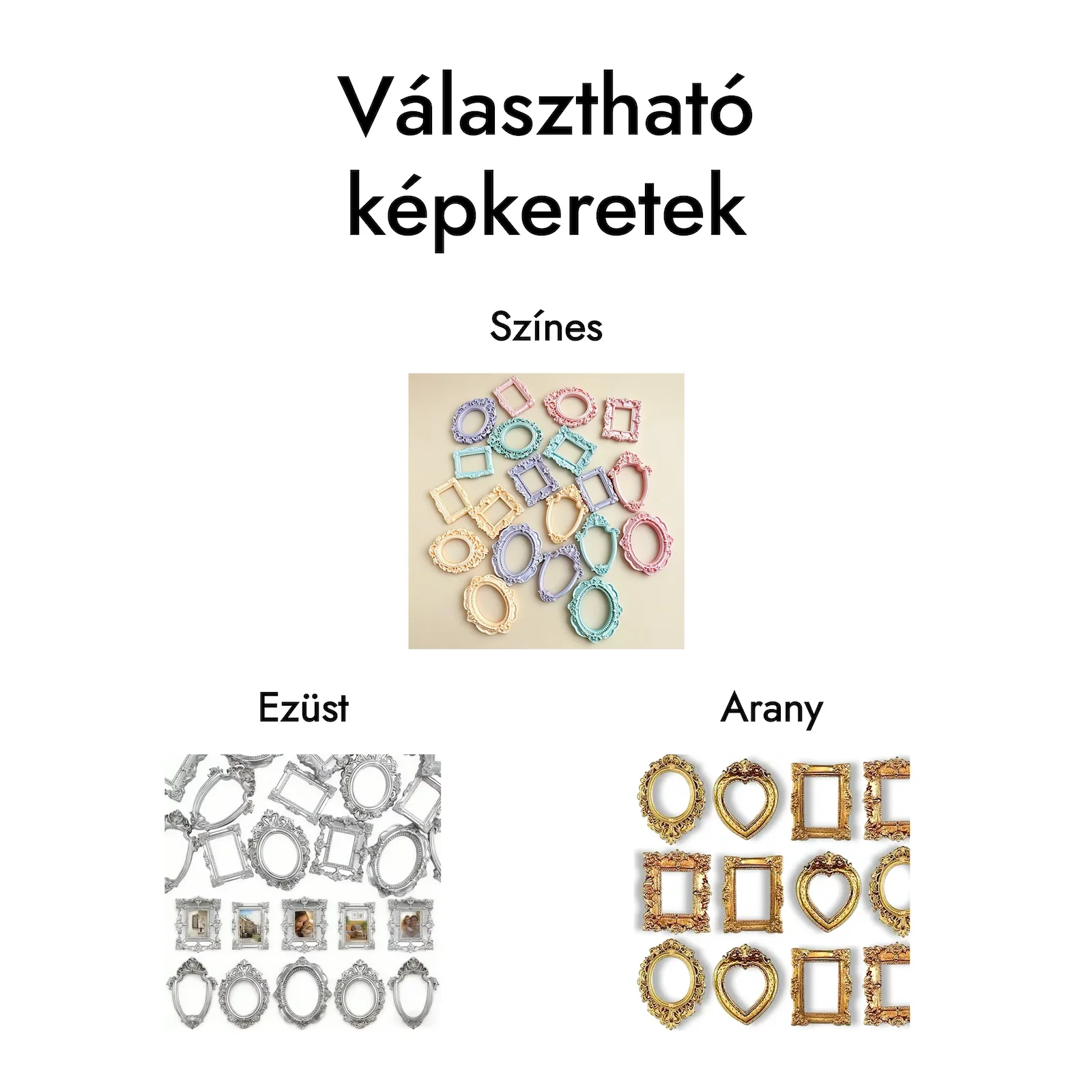 Mini Múzeum – választható képkeretek Választható miniatűr képkeretek: színes, ezüst- és aranyszínű formák
