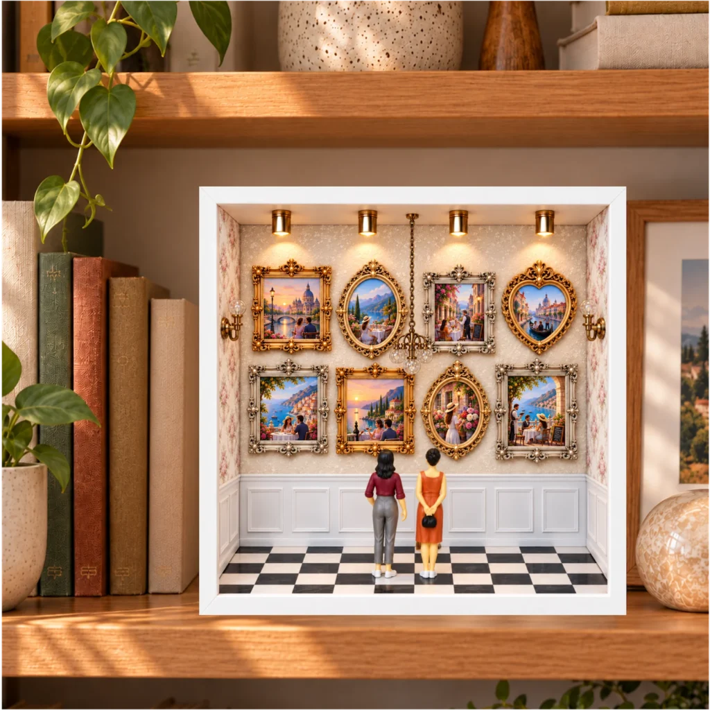 Mini Múzeum Plusz szett galériája fényképekkel és aranyszínű képkeretekkel