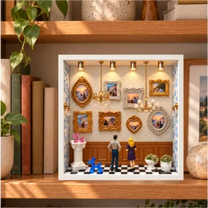 Mini Múzeum Prémium szett összeállított mintadarabja miniatűr képkeretekkel és dekorációkkal